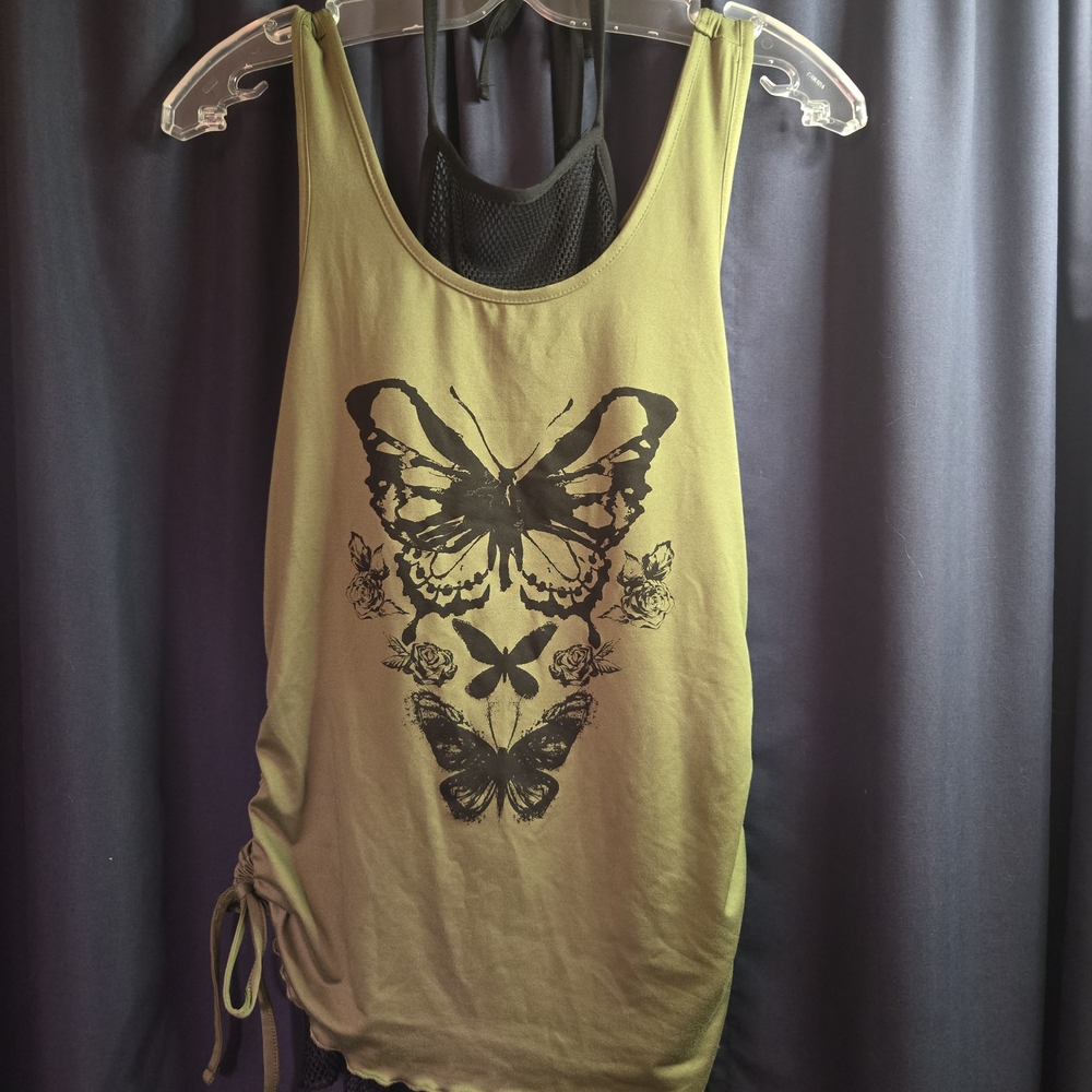 Hot Topic Olive Butterfly Tank Top